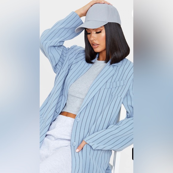 Pretty Little Thing Oversized 10 Blazer Blue & White Stripes Jacket Career - Picture 2 of 11
